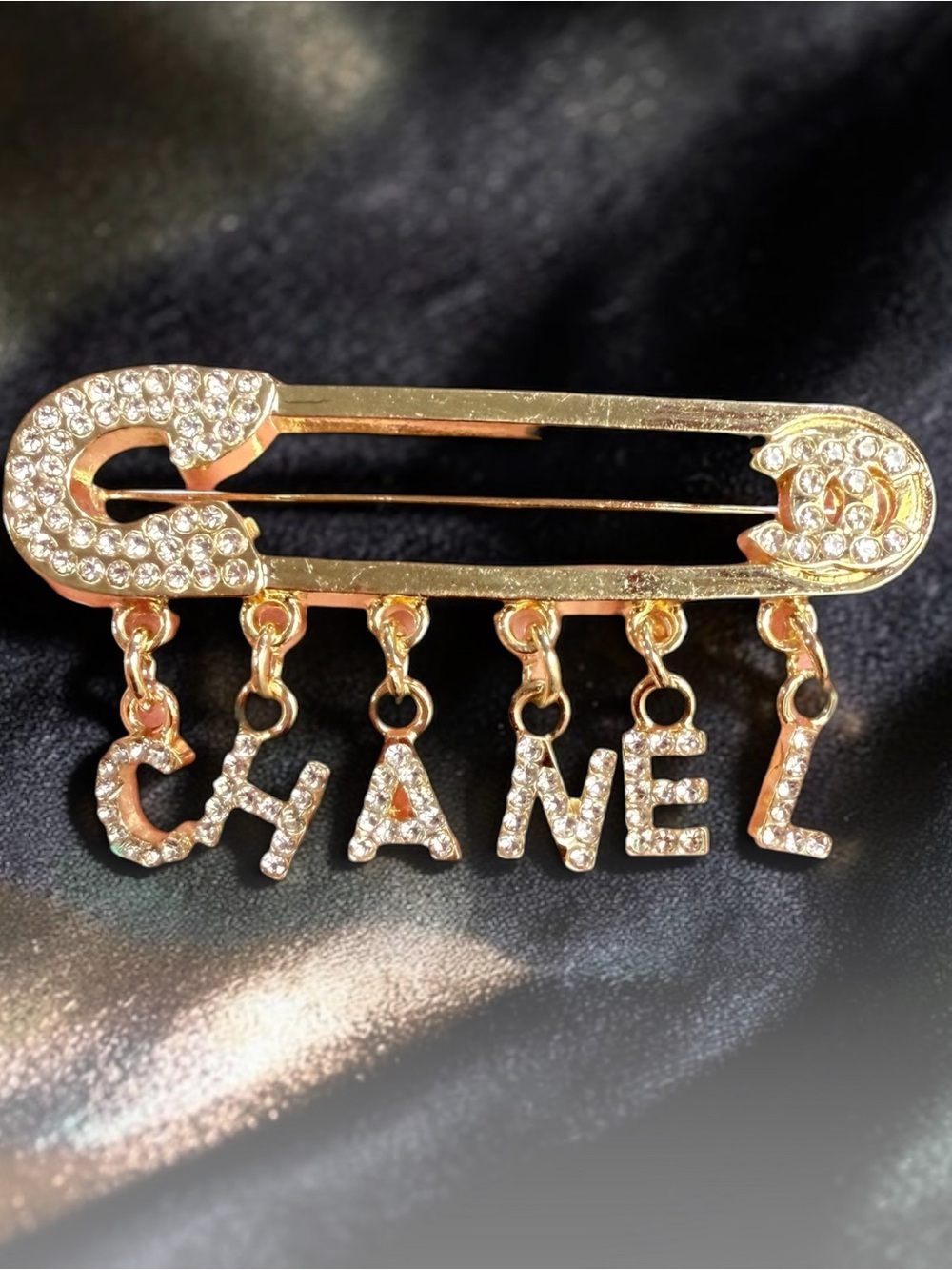 Gold Rhinestone Safety Pin Brooch with Dangling Letter Charms NEW